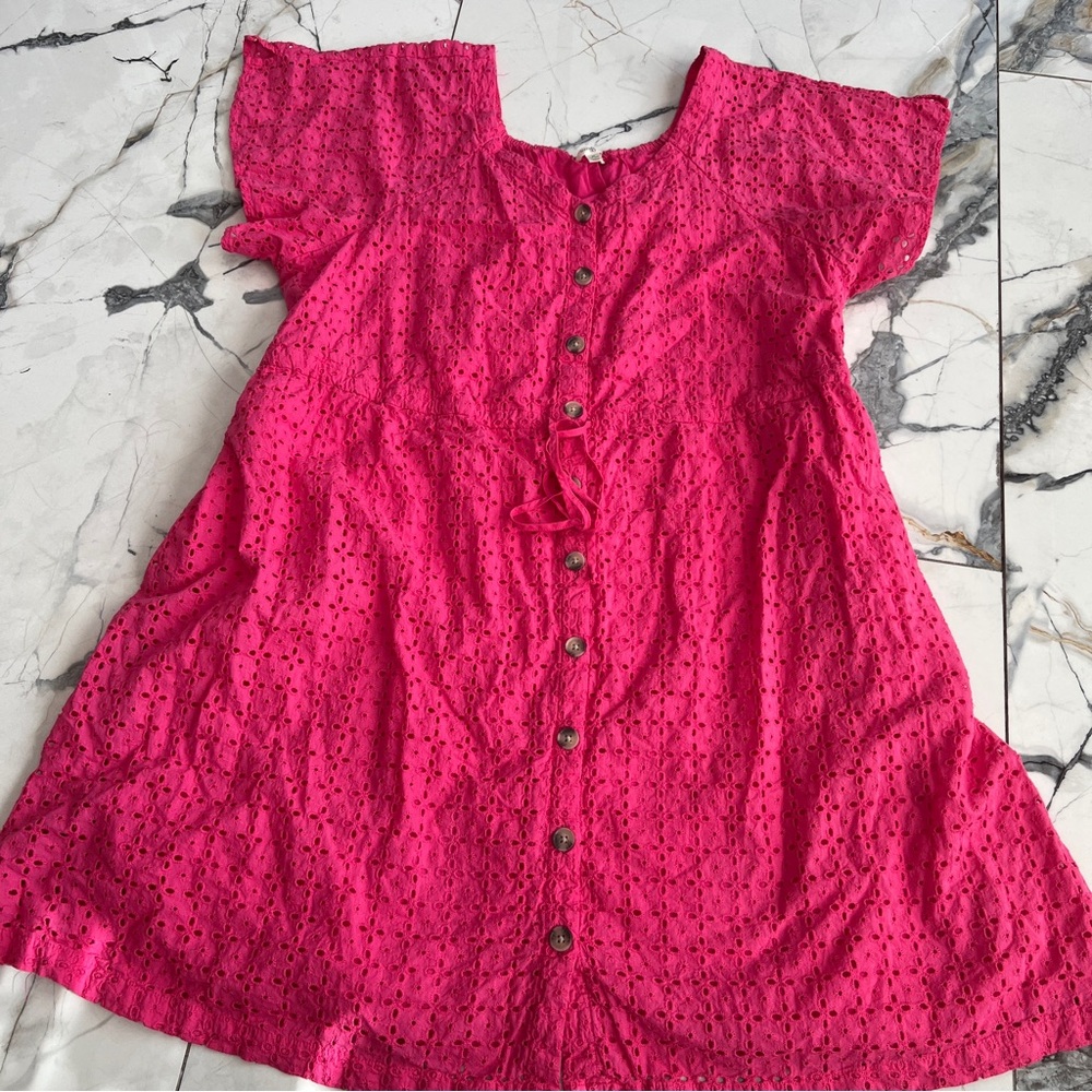 Eyelet Button-Front Tunic Dress in Bright Pink with drawstring waist 2X